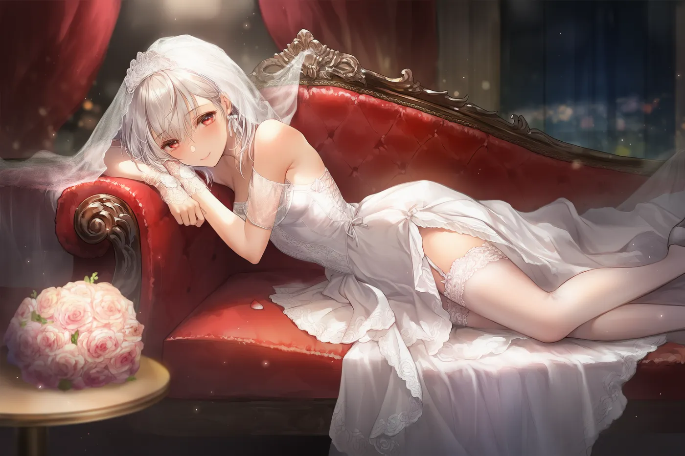 ウェディングドレスにガーターベルトとストラップをつけたAIイラストの作例