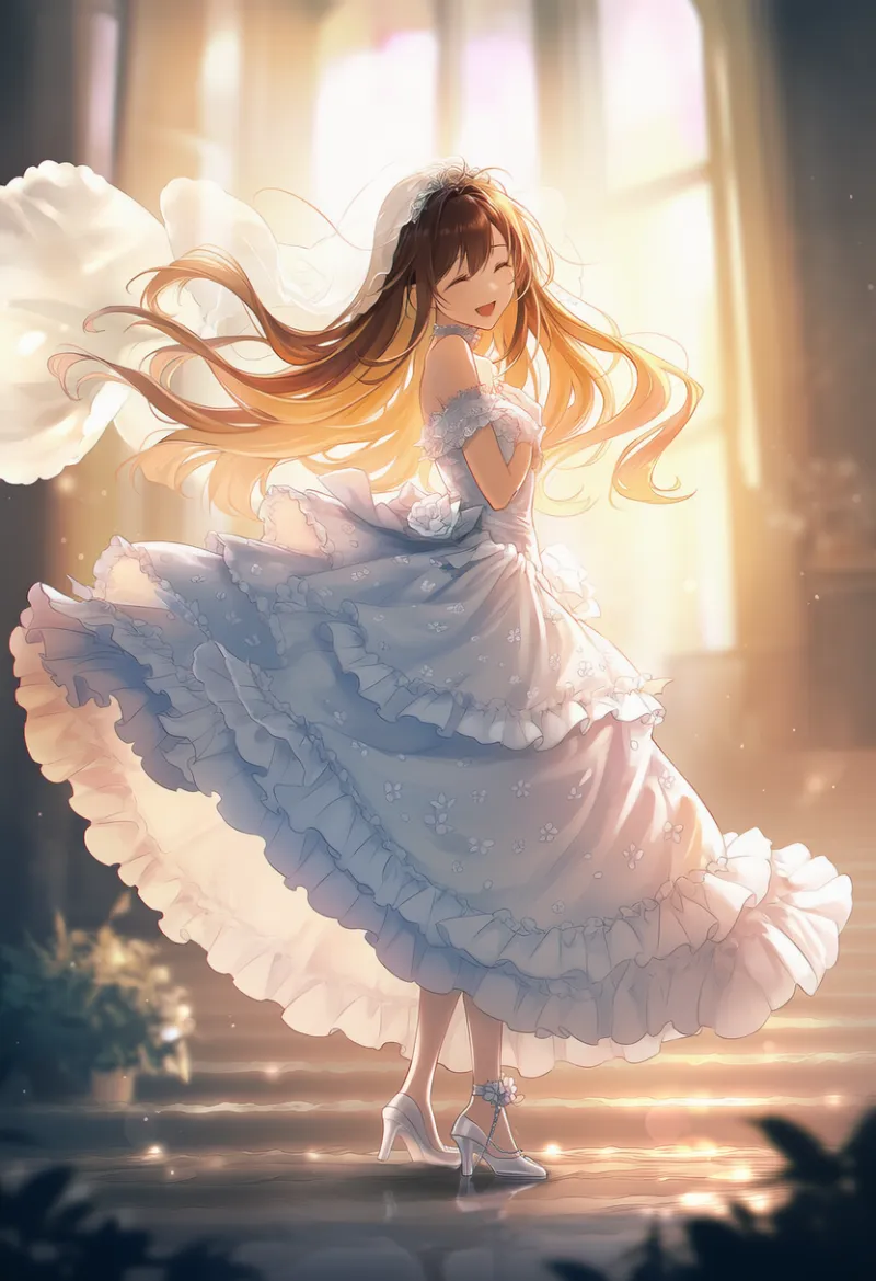 スカートの後ろ側を膨らませたデザインのウェディングドレスのAIイラスト