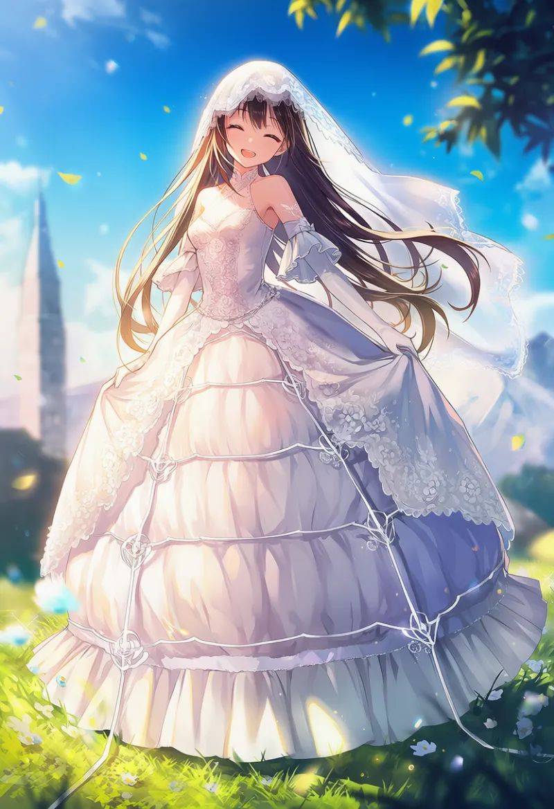 輪（フープ）で鐘型に広げたスカートのウェディングドレスのAIイラスト