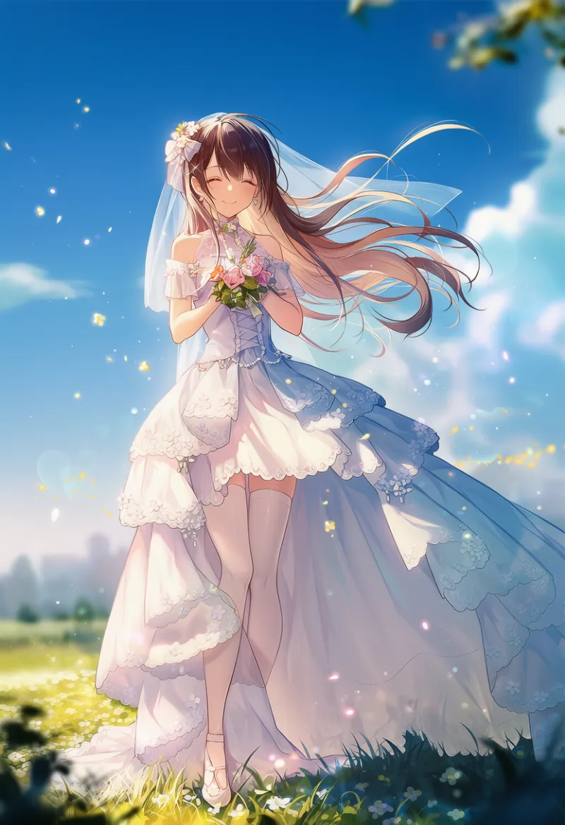 スカートを重ね付けしたウェディングドレスのAIイラスト