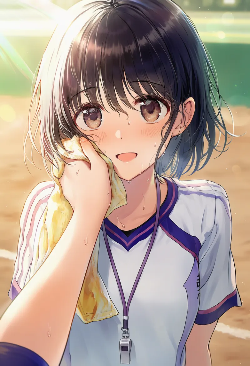 他キャラの汗を拭いてあげている野球部マネージャーのAIイラストとプロンプト紹介