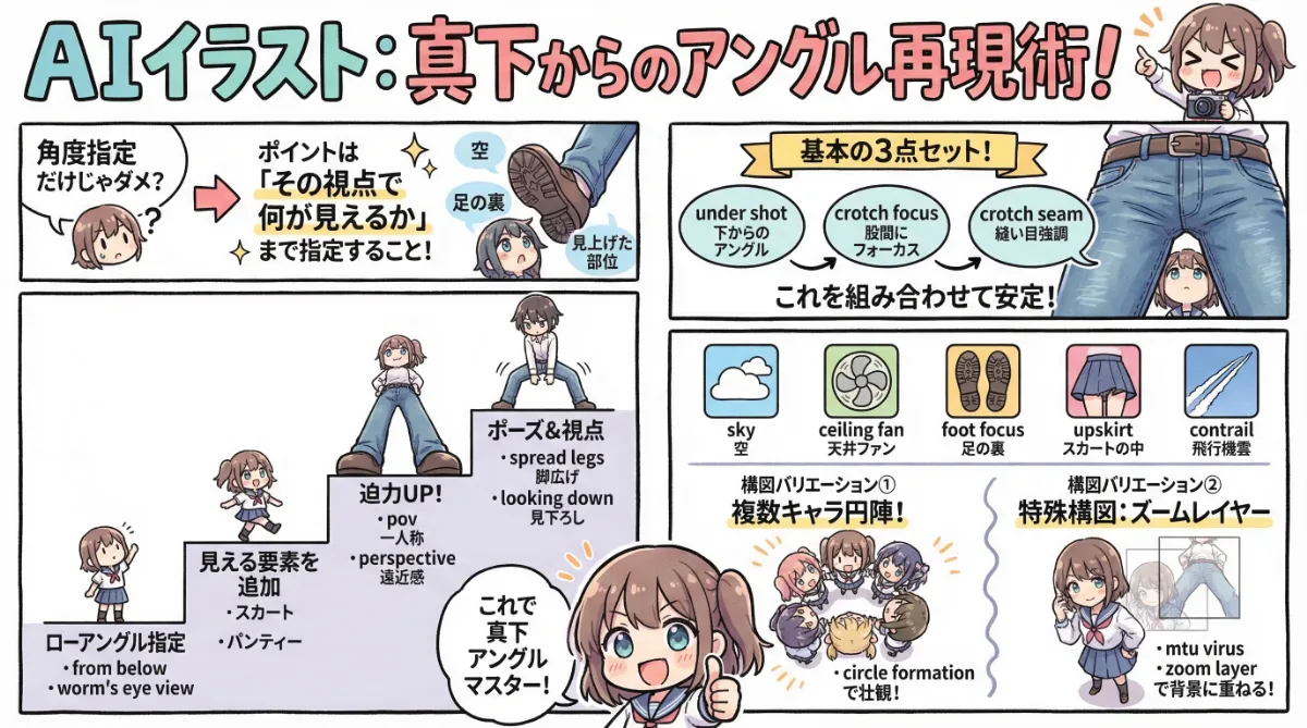 真下からのカメラアングルのプロンプト集のまとめ用の図解イラスト（グラレコ）