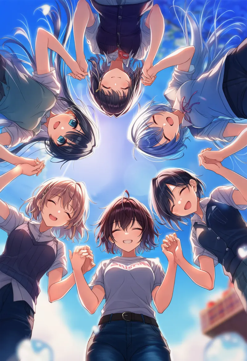 複数キャラを真下から見上げる構図（circle formation）のAIイラストの作例-2