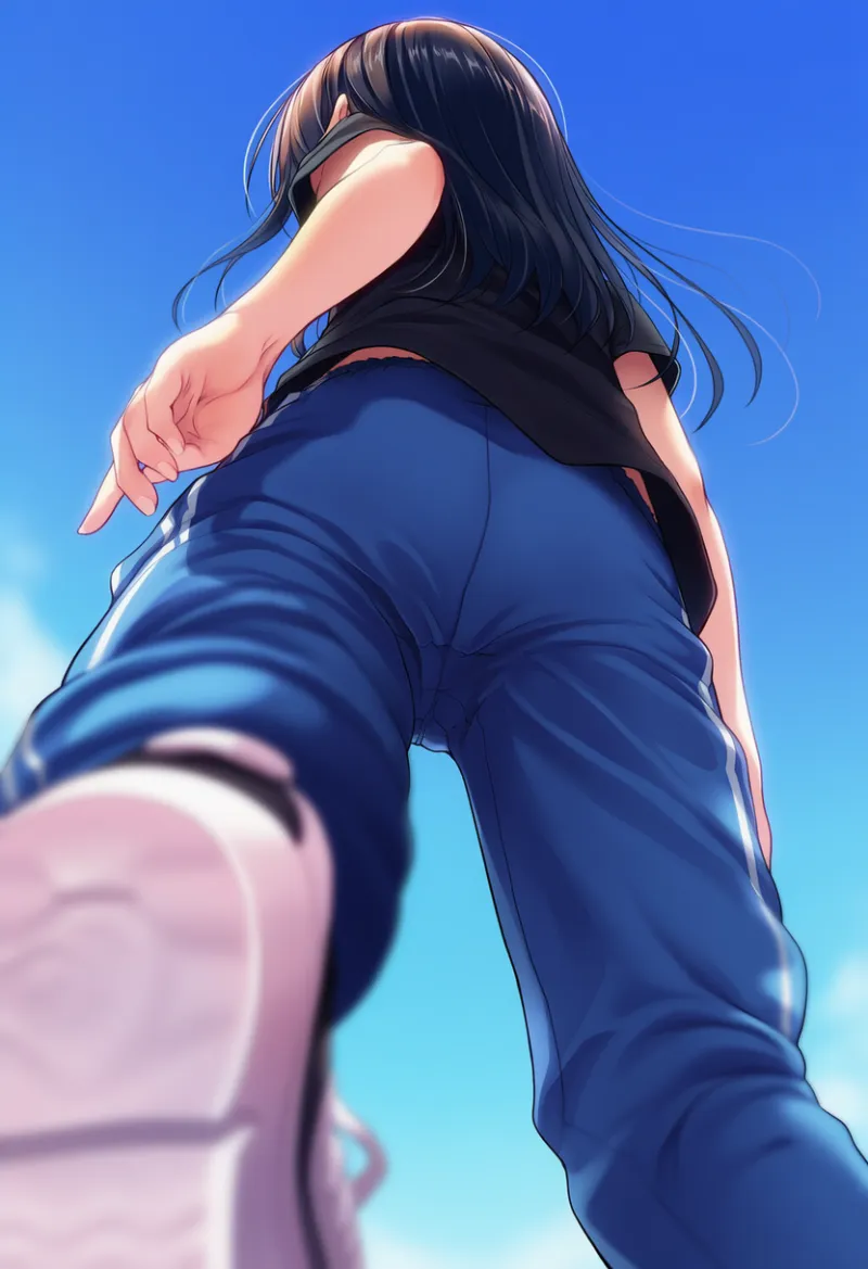 真下から見上げるカメラアングルでキャラクターの顔が見えないAIイラストの作例