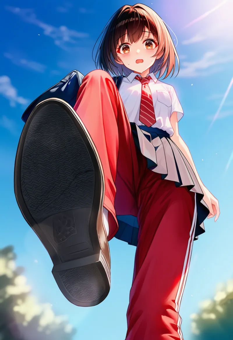 赤いジャージに制服姿のキャラ｜真下からキャラクターを見上げるアングルのAIイラスト作例