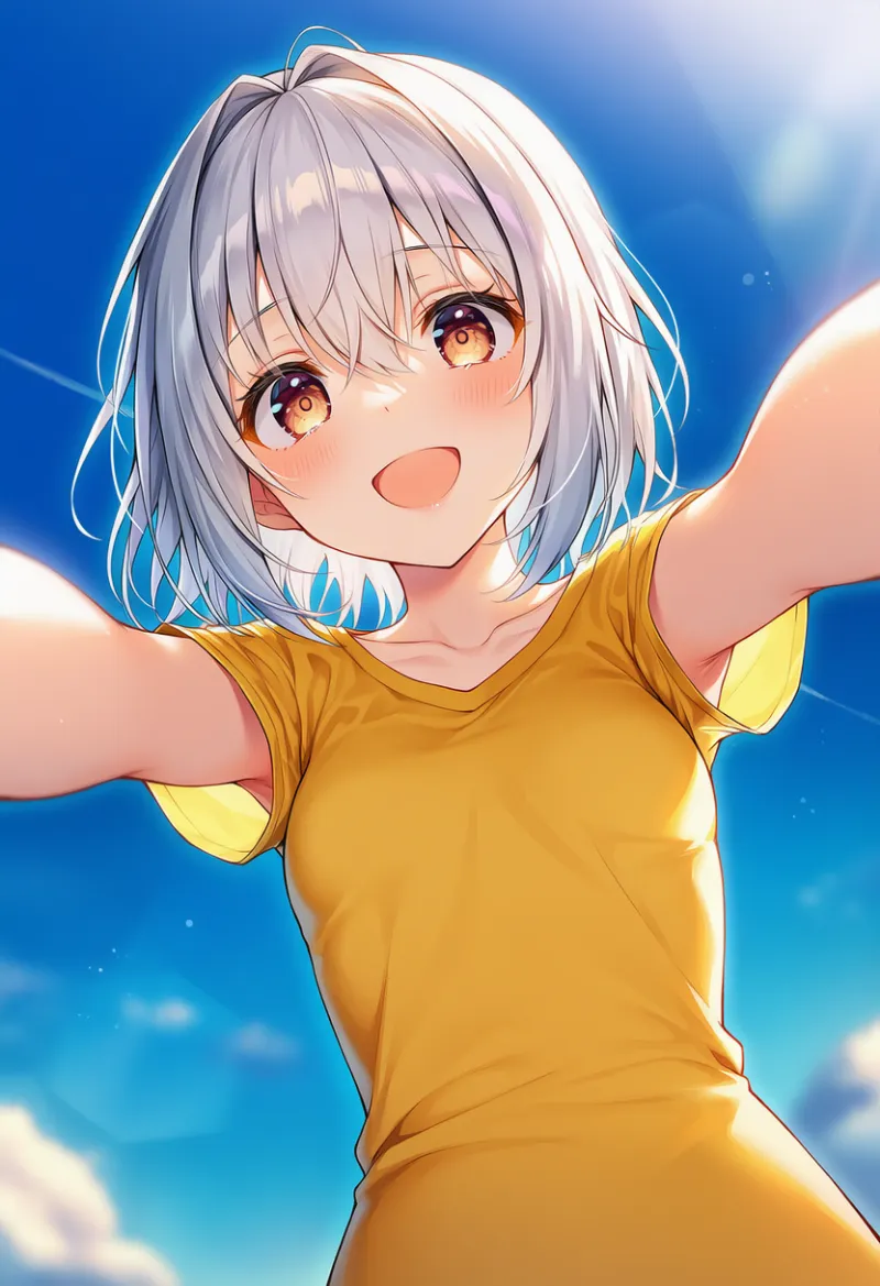 黄色いTシャツのキャラ｜真下からキャラクターを見上げるアングルのAIイラスト作例