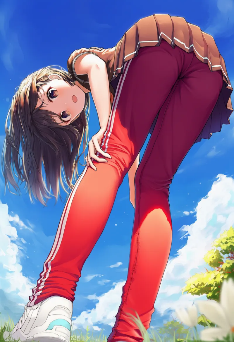 赤いジャージを履いたキャラが見下ろす様子のAIイラストの作例（真下からのカメラアングル）