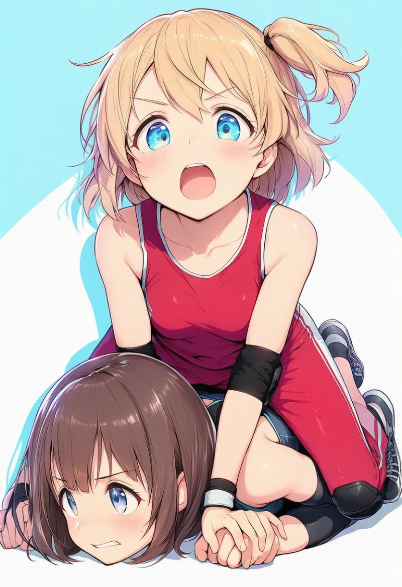 うつ伏せの相手に跨るプロンプトとAIイラスト（レスリング）