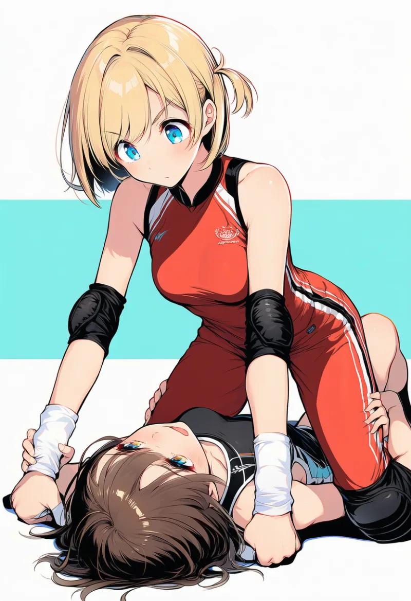 仰向けの相手に跨るプロンプトとAIイラスト（レスリングのマウントポジション）