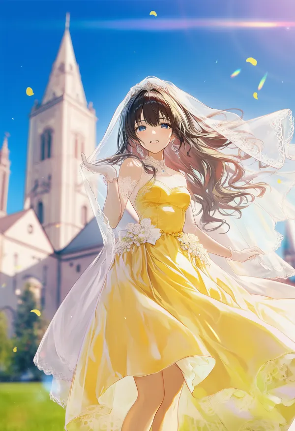 黄色のウェディングドレスのAIイラストとプロンプト紹介