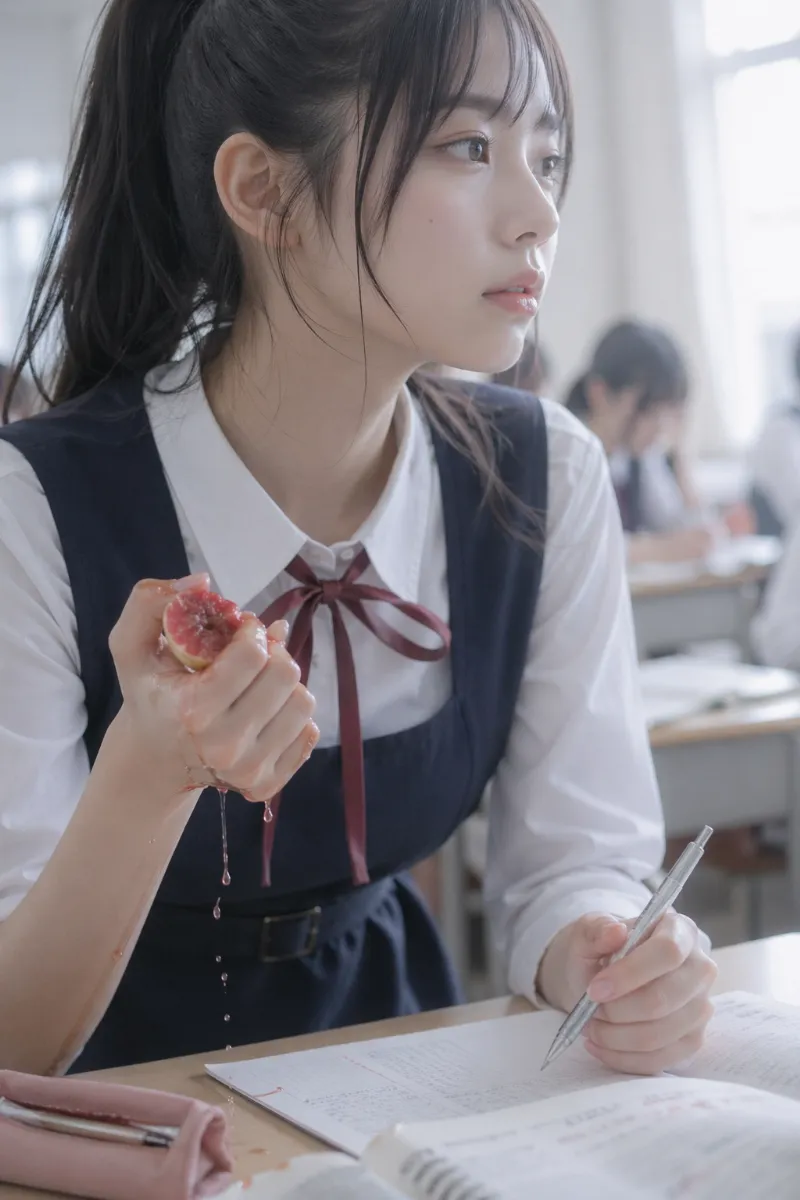 授業中に果実を握りしめる美女（アート作品）｜GPT Image 2生成の作例
