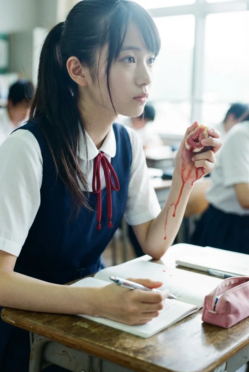 授業中に果実を握りしめる美女（アート作品）｜Nano Banana Pr生成の作例