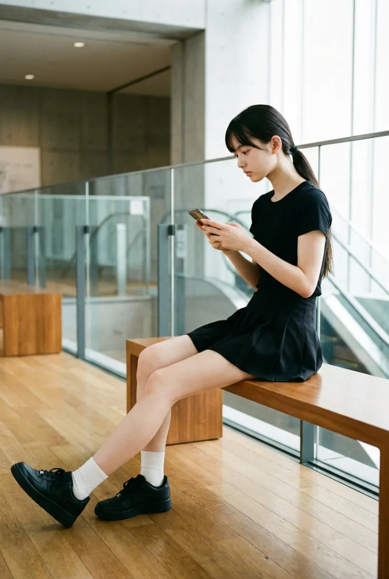 スマホを見つめる美女（モダン空間）｜Nano Banana Pr生成の作例