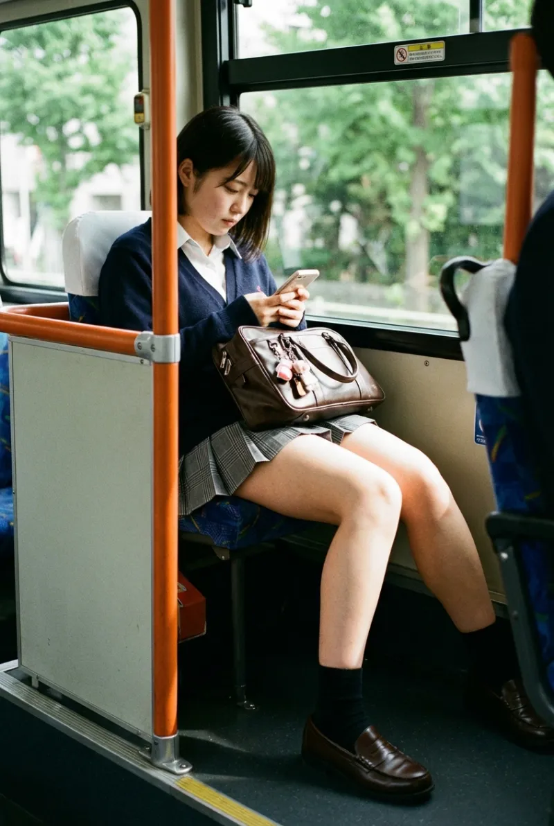 バスの中でスマホを操作する美女（日常）｜Nano Banana Pr生成の作例