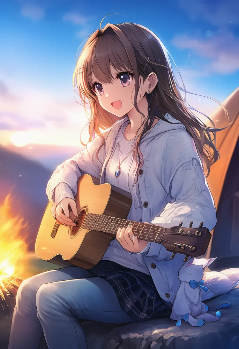 焚き火でギターのAIイラスト｜プロンプト紹介