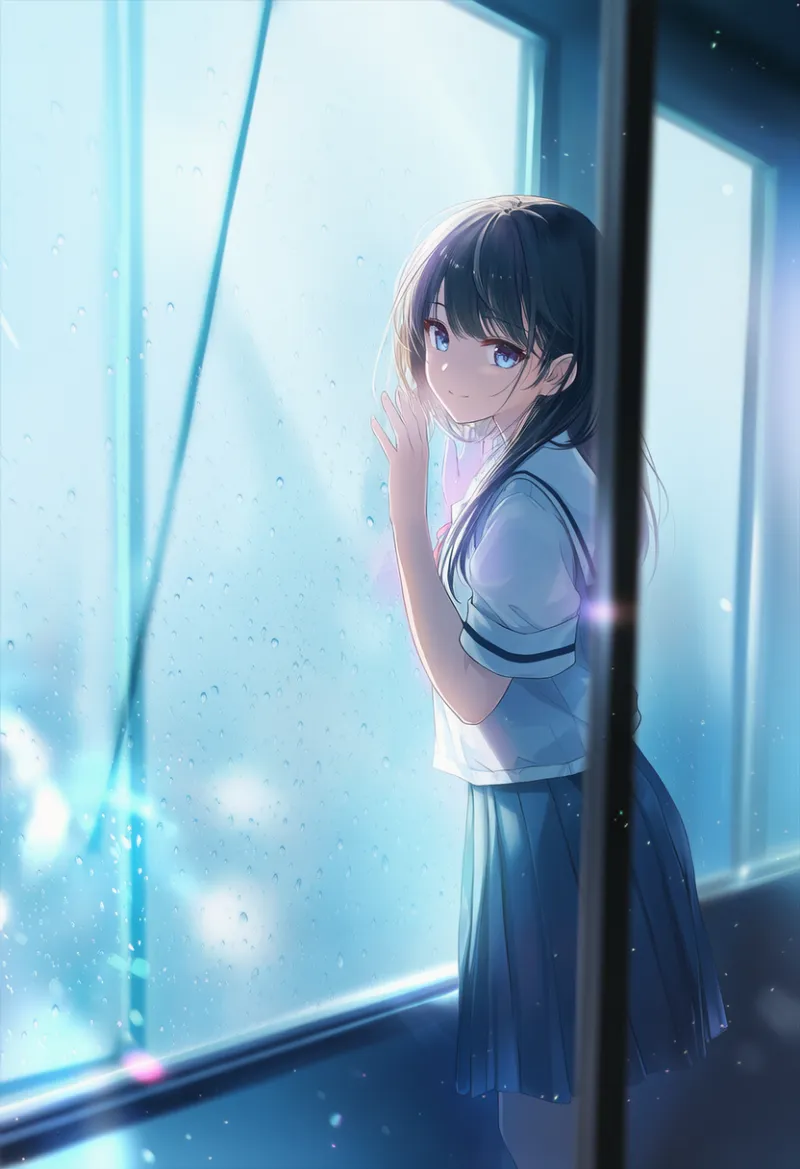 窓に寄りかかる仕草のAIイラスト