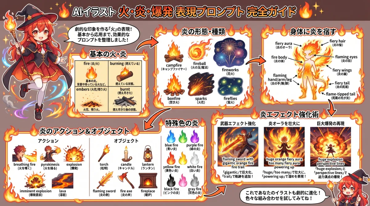 火・炎・爆発を表現するプロンプト集に関するまとめ用の図解イラスト（グラレコ）