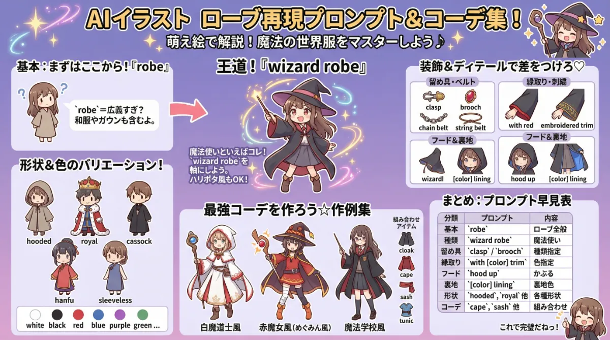 魔法使いのローブのプロンプト集【AIイラスト】のまとめ用の図解イラスト（グラレコ）