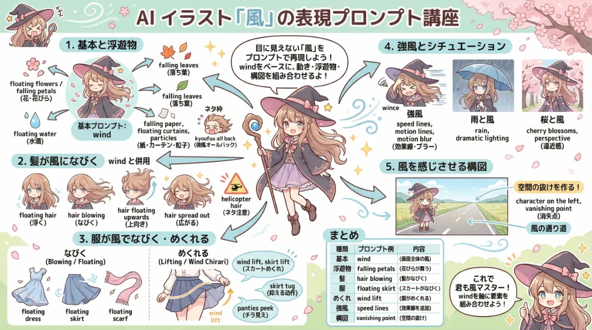 風の表現（髪がなびく・服がめくれる等）のプロンプト集のまとめ用の図解イラスト（グラレコ）