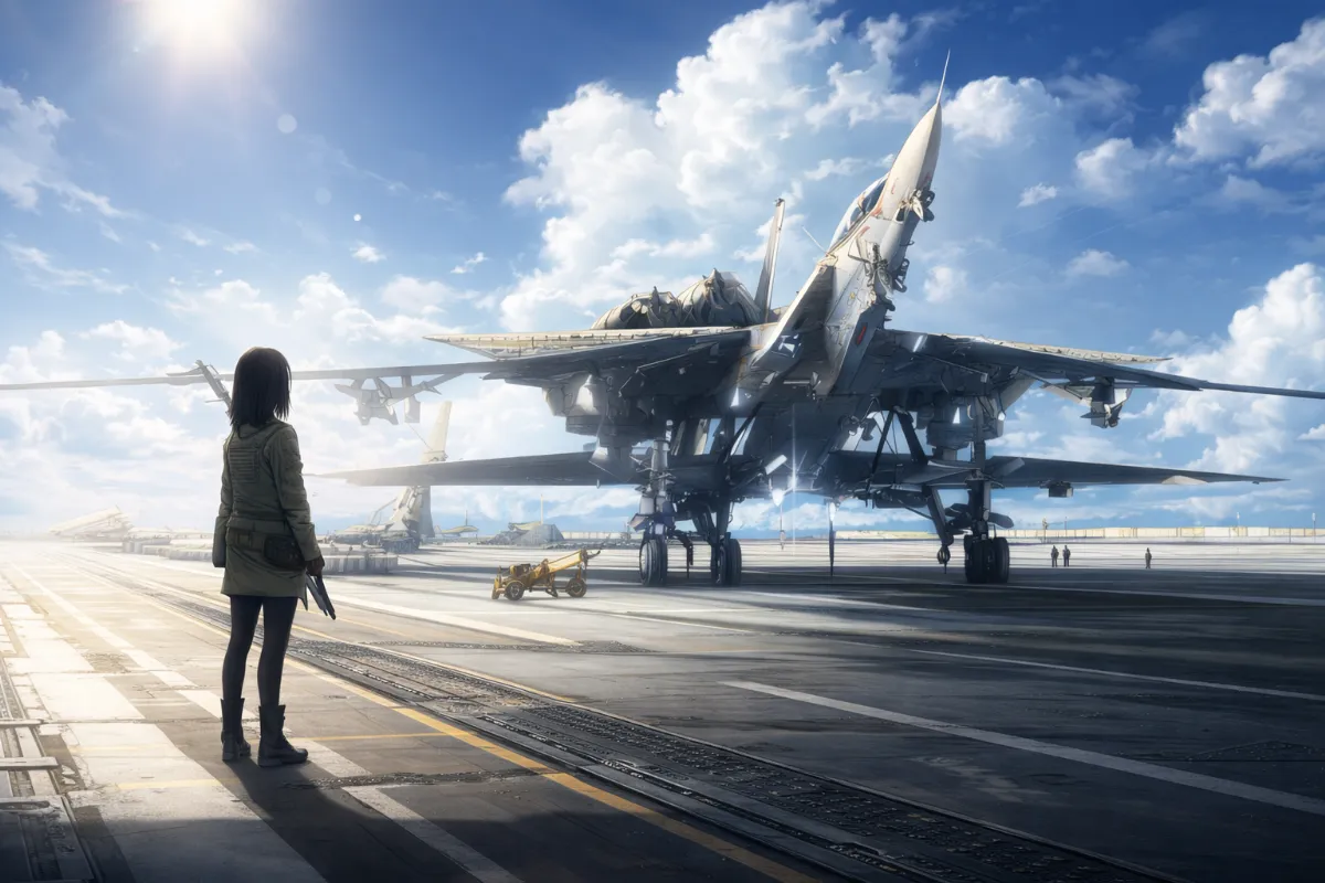 空軍基地のプロンプト:air_force_base, fighter jet, military base|軍事施設のAIイラスト