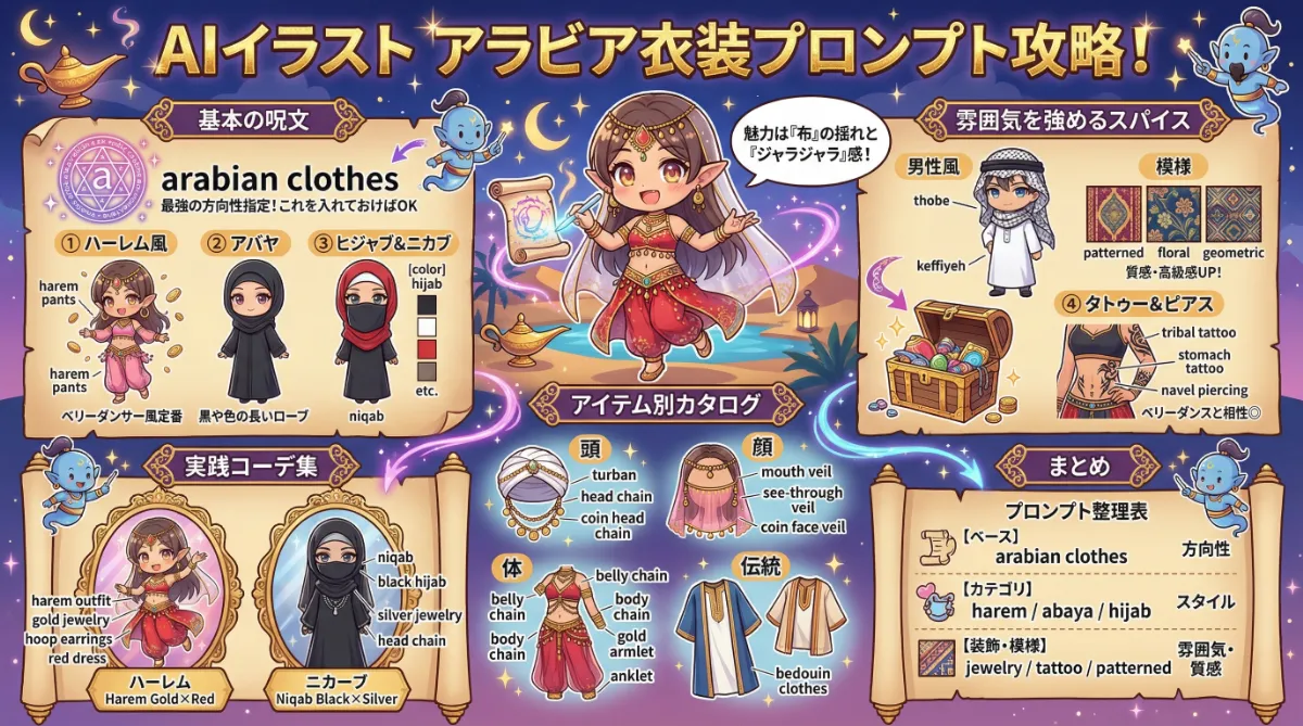 アラビア衣装のプロンプト集【AIイラスト】のまとめ用の図解イラスト