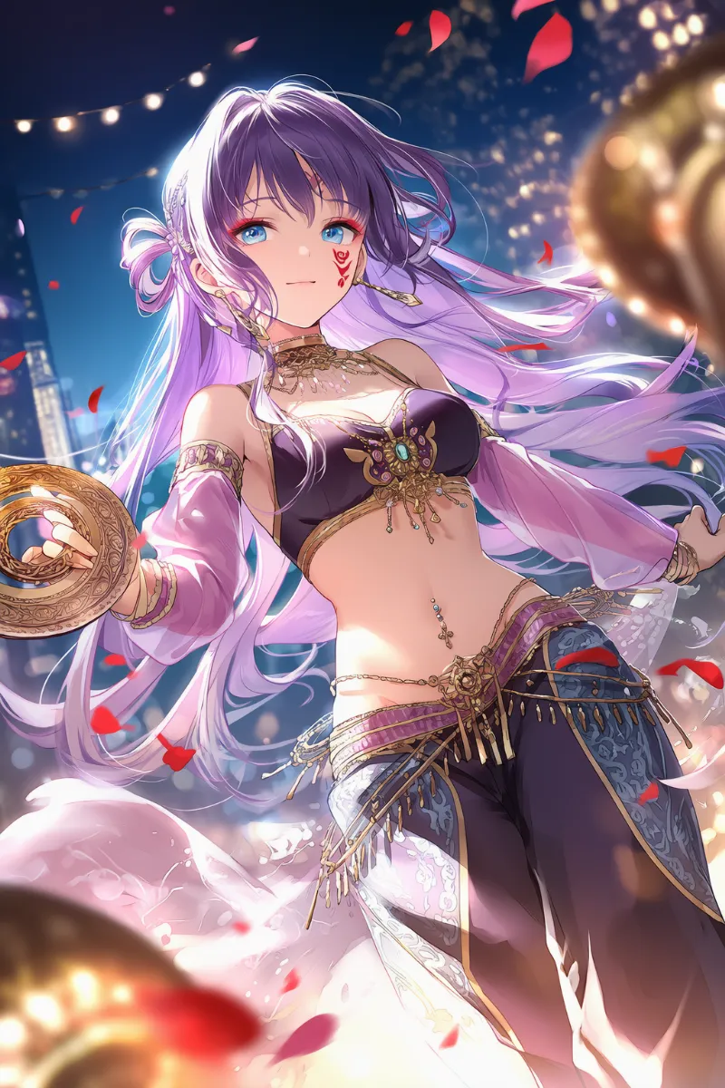 アラビア衣装・チャクラムを持ってダンスする美女のAIイラストの作例