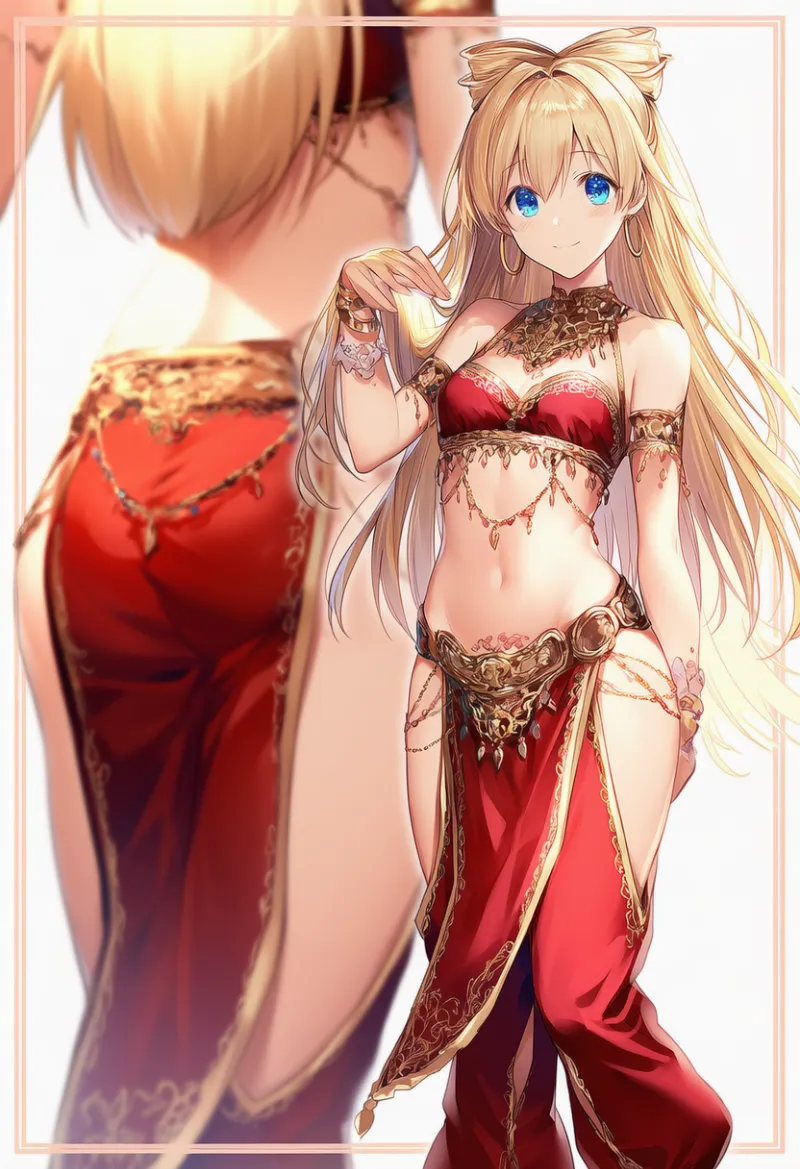 ハーレム衣装（ゴールド×レッド系）のAIイラスト｜プロンプト紹介