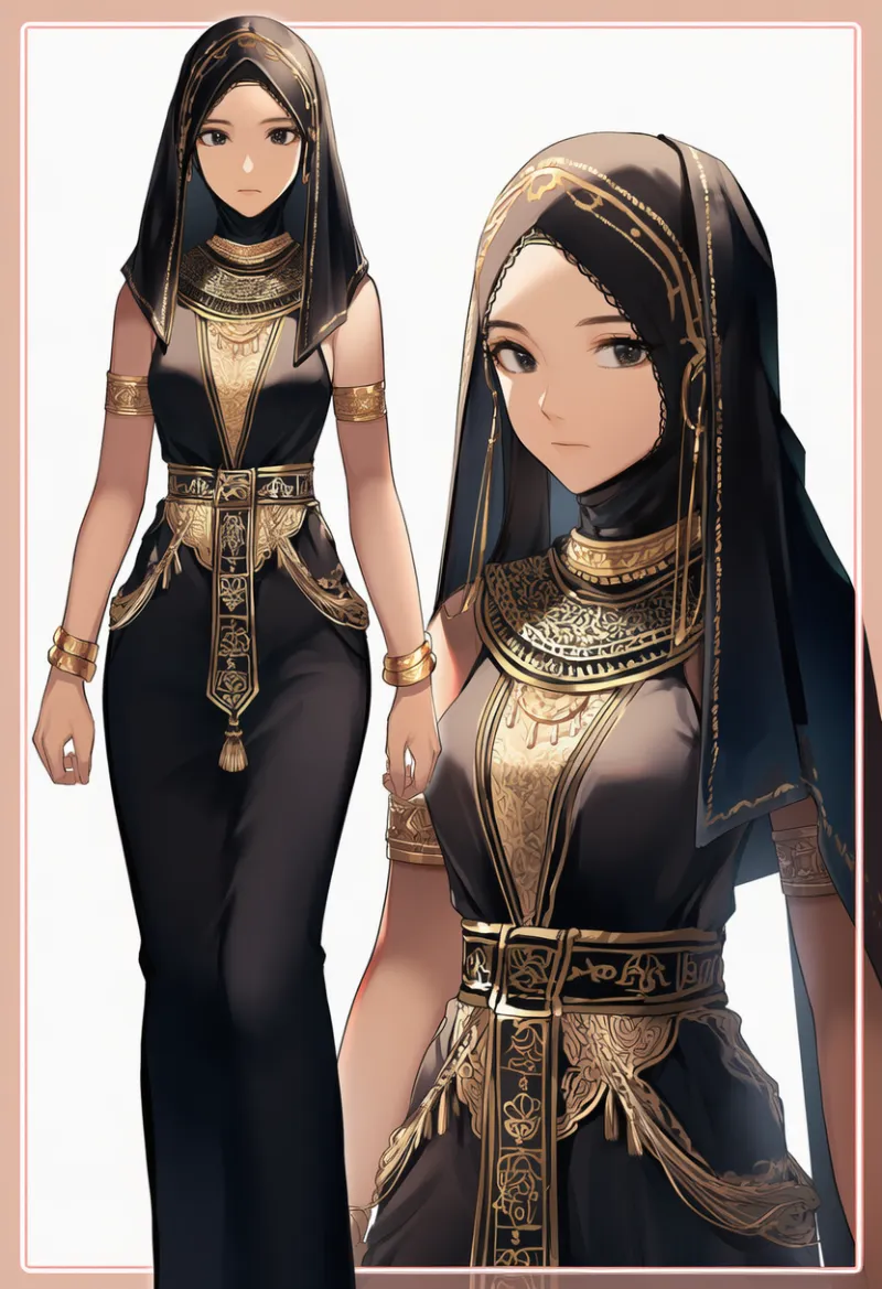 アバヤ＋ヒジャブ（ブラック×ゴールド系）のAIイラスト｜プロンプト紹介