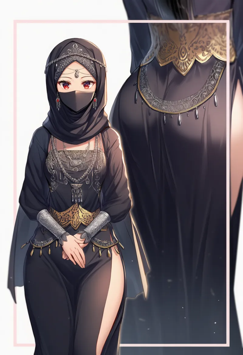 ニカーブ衣装（ブラック×シルバー系）のAIイラスト｜プロンプト紹介