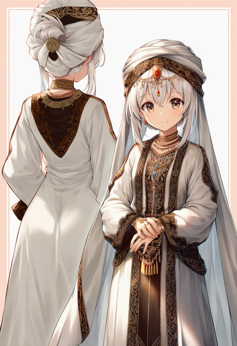 ベドウィン風衣装（ホワイト×ブラウン系）のAIイラスト｜プロンプト紹介