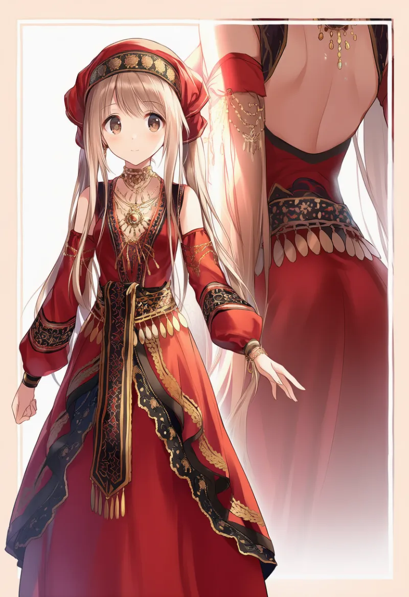 パレスチナ風伝統衣装（レッド×ブラック系）のAIイラスト｜プロンプト紹介