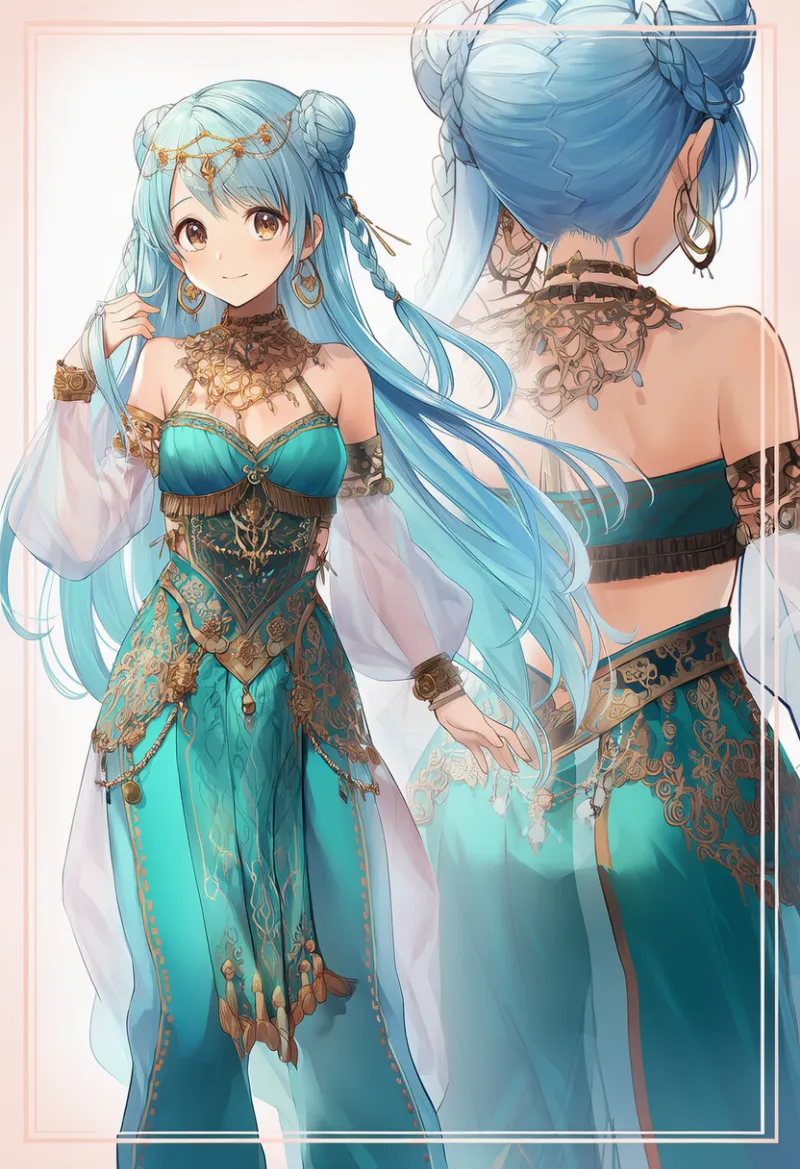 ジュエリー重視ハーレム衣装（ゴールド×ターコイズ系）のAIイラスト｜プロンプト紹介
