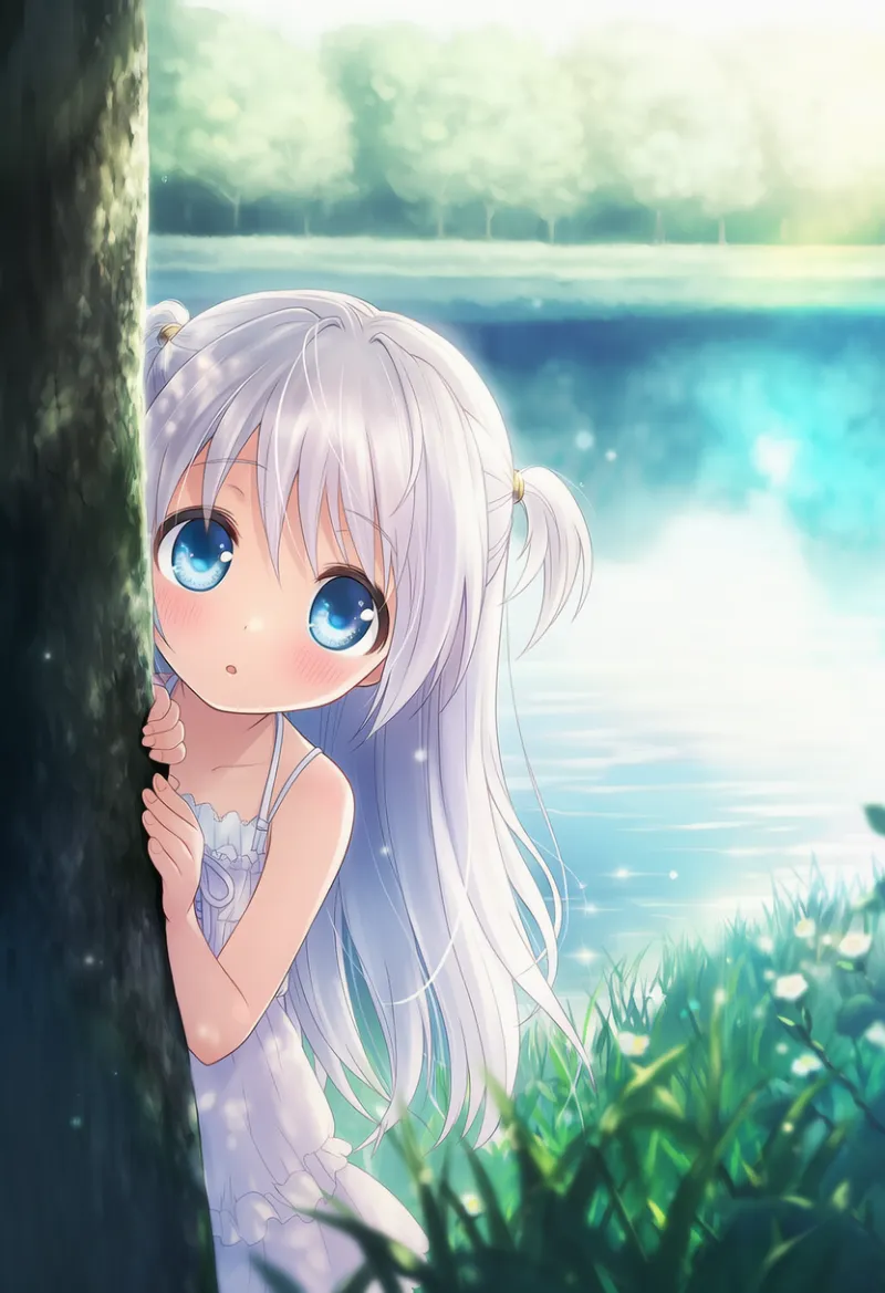 木陰から顔をだす|幼い少女の仕草のプロンプト