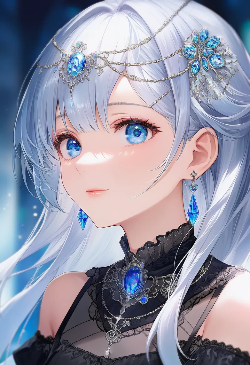 豪華な頭部装飾（アクセサリー）とドレスのAIイラスト