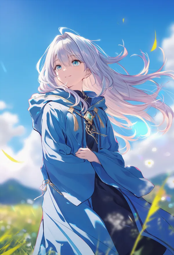 青色のローブのAIイラスト｜プロンプト紹介