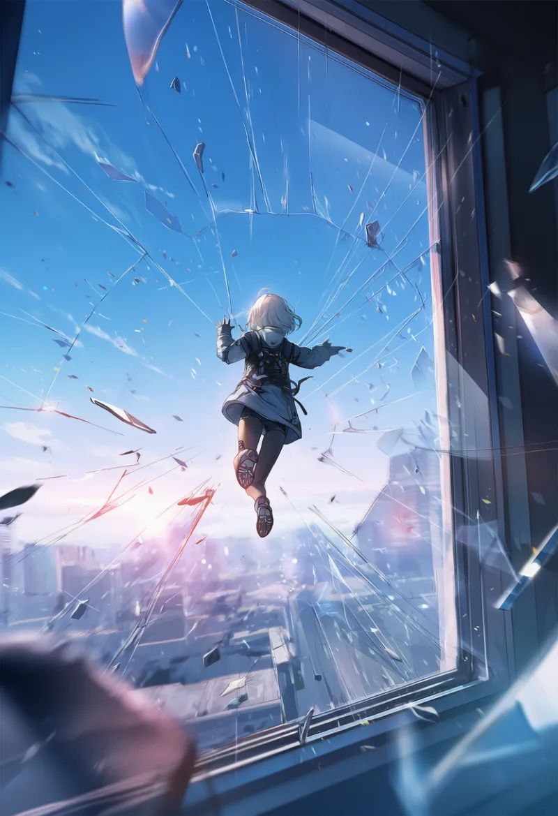 窓を壊して外に出るシーンのAIいらすtp