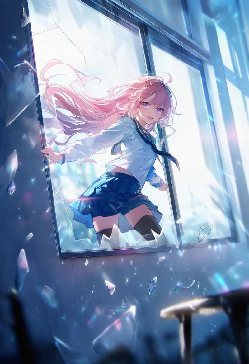 窓を突き破るシーンのAIイラスト