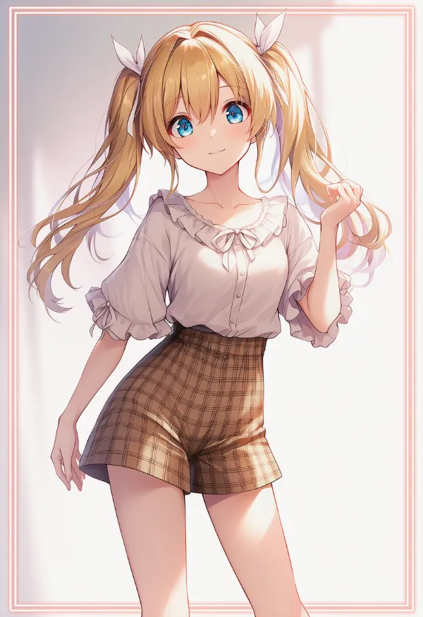 茶色のプレイド柄のキュロットのAIイラスト|デート用コーデのプロンプト紹介