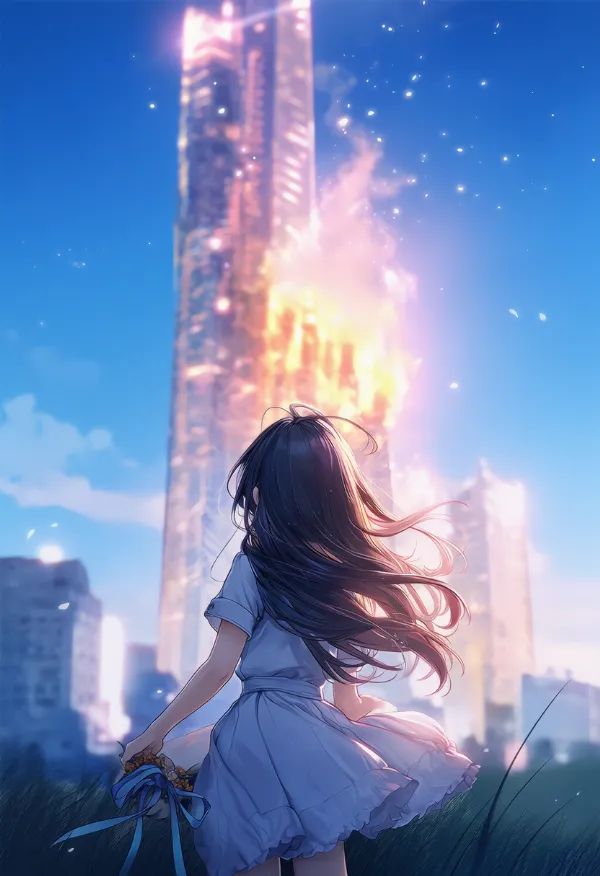 高層ビルが燃えるAIイラスト｜プロンプト紹介
