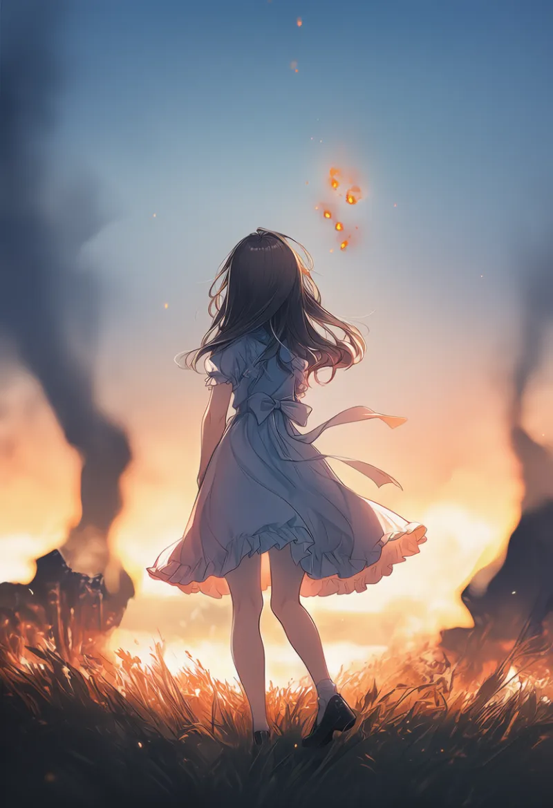 物が燃えている状態のAIイラスト｜プロンプト紹介