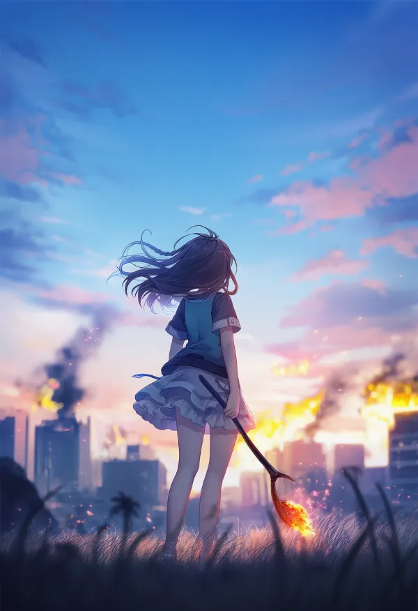 ビルが燃えるAIイラスト｜プロンプト紹介