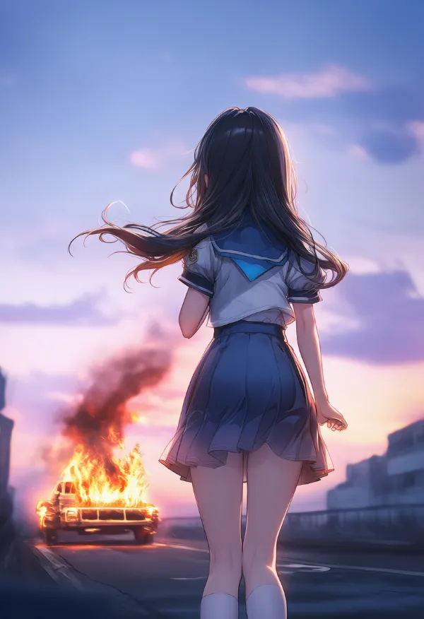 乗り物が燃えるAIイラスト｜プロンプト紹介