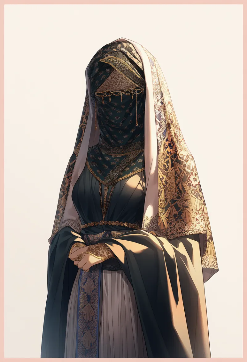 ブルカ、全身を覆うベールのAIイラスト（アラビア衣装）｜プロンプト紹介