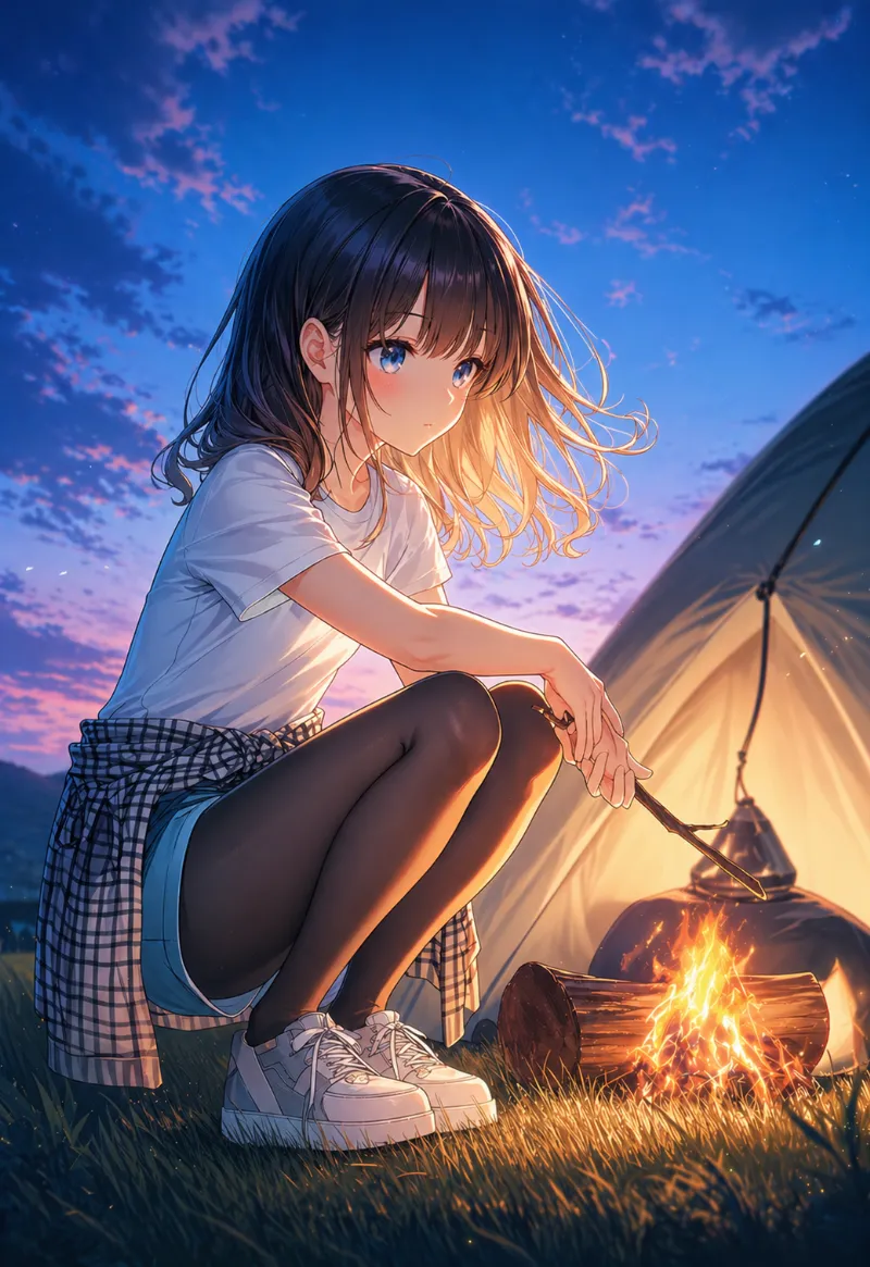 キャンプをする美少女のAIイラストの作例