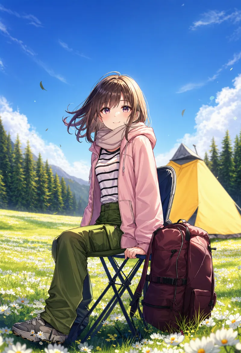 春キャンプ用のコーデのAIイラスト作例