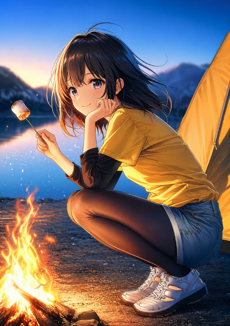 夏キャンプ用のコーデのAIイラスト作例