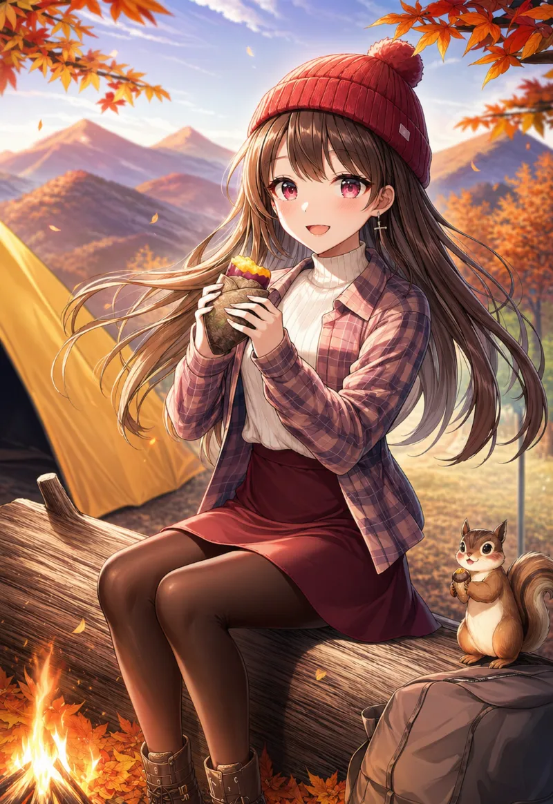 秋キャンプ用のコーデのAIイラスト作例