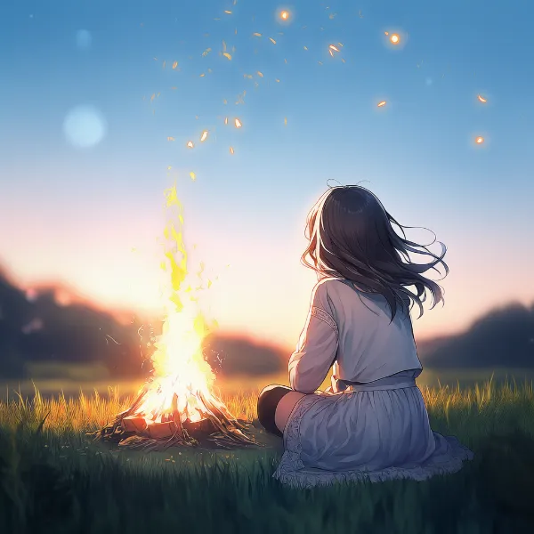 キャンプファイヤーのAIイラスト｜プロンプト紹介：campfire, embers