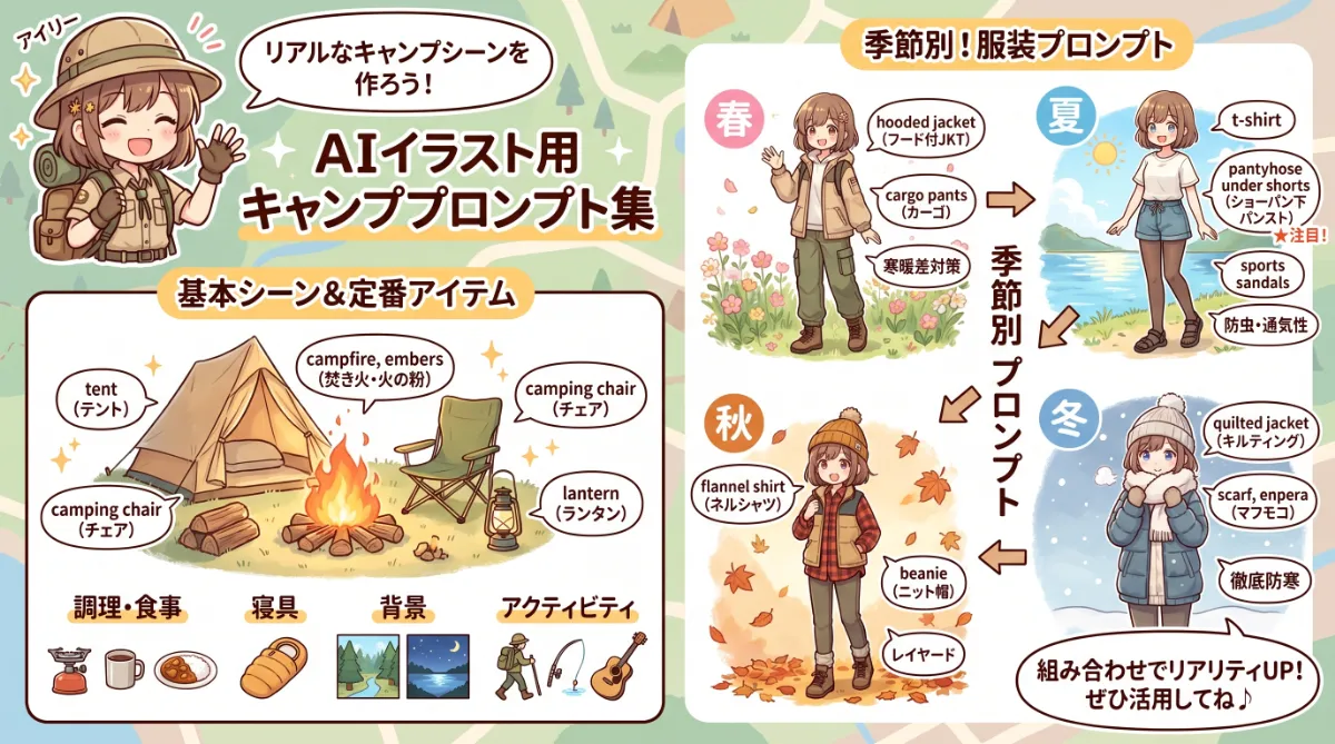 キャンプのプロンプト集（服装・場所・アイテム等）のまとめ用の図解イラスト（グラレコ）