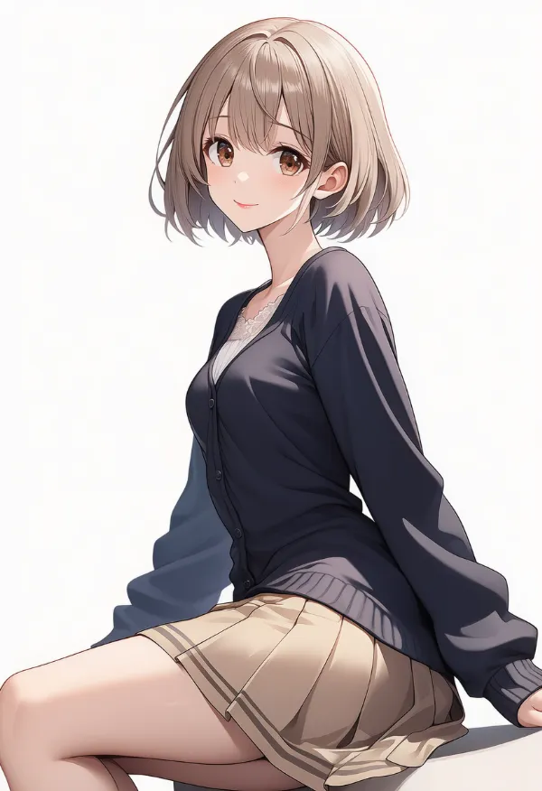 カーディガン+ブラウス+プリーツスカート|女子大生ファッションのプロンプト紹介